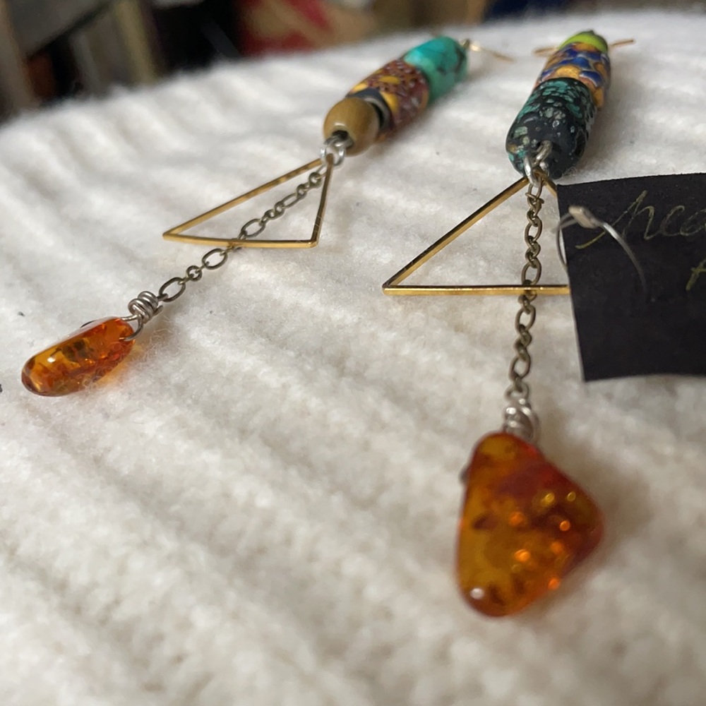 Long Vintage African Trading Beads, Turquoise, Amber, Heishi Dangle Earrings